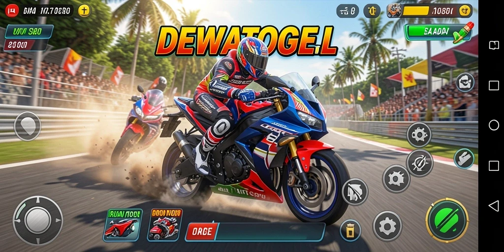 Screenshot dari gameplay DEWATOGEL menampilkan serunya balapan motor.