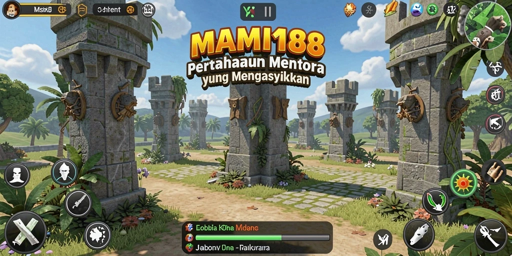 Tangkapan layar gameplay MAMI188 menampilkan menara yang beraksi melawan gelombang musuh.