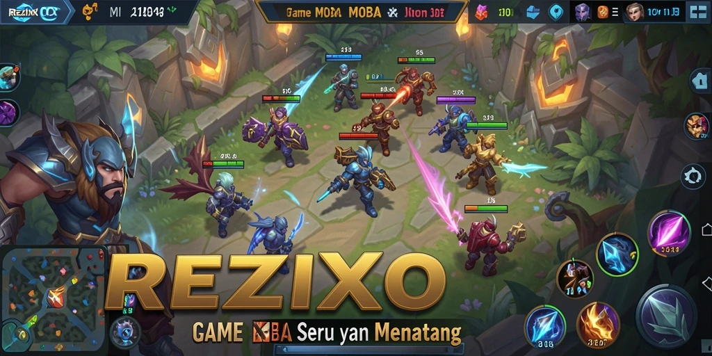Tampilan gameplay seru dalam REZIXO, aksi MOBA yang mendebarkan.