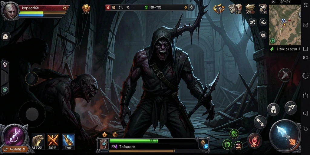 Screenshot gameplay RPYYY menampilkan adegan menyeramkan dengan makhluk menyeramkan di kegelapan.