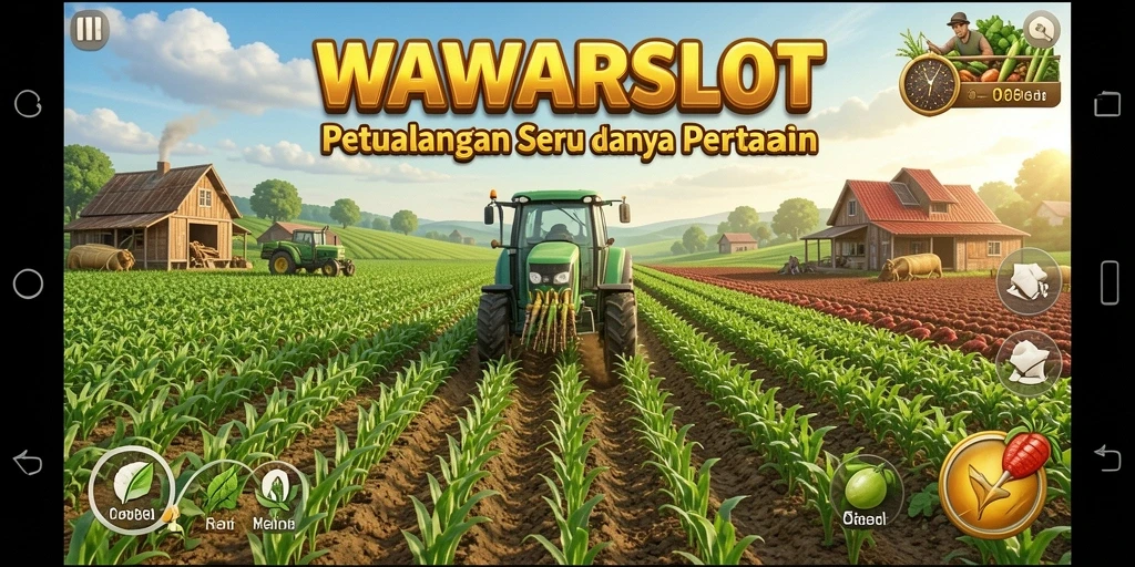 Screenshot gameplay WAWARSLOT menampilkan ladang yang subur dan hewan ternak.